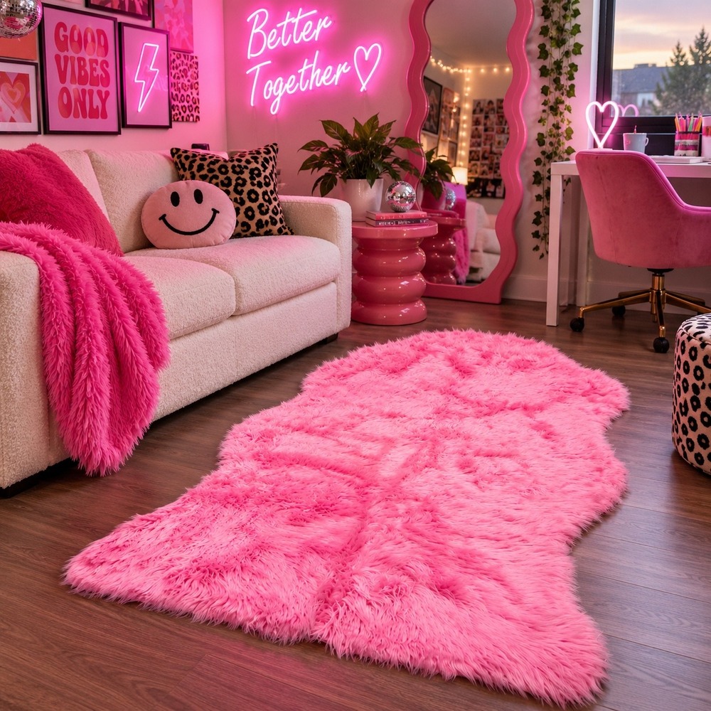 Washable 5'6" x 3'6" Pink Faux Fur Rug Dopamine Dorm Decor Polar Expressions New